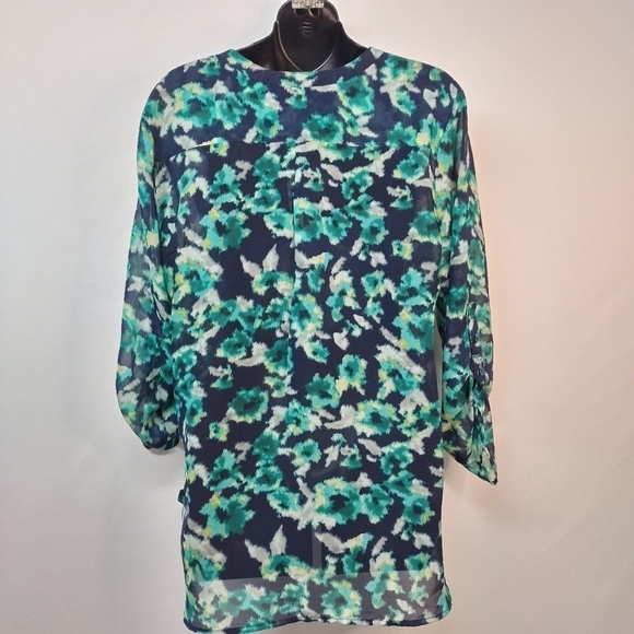 Apt. 9 Navy Blue & Teal Sheer 3/4 Sleeves Blouse Size L - Picture 2 of 12